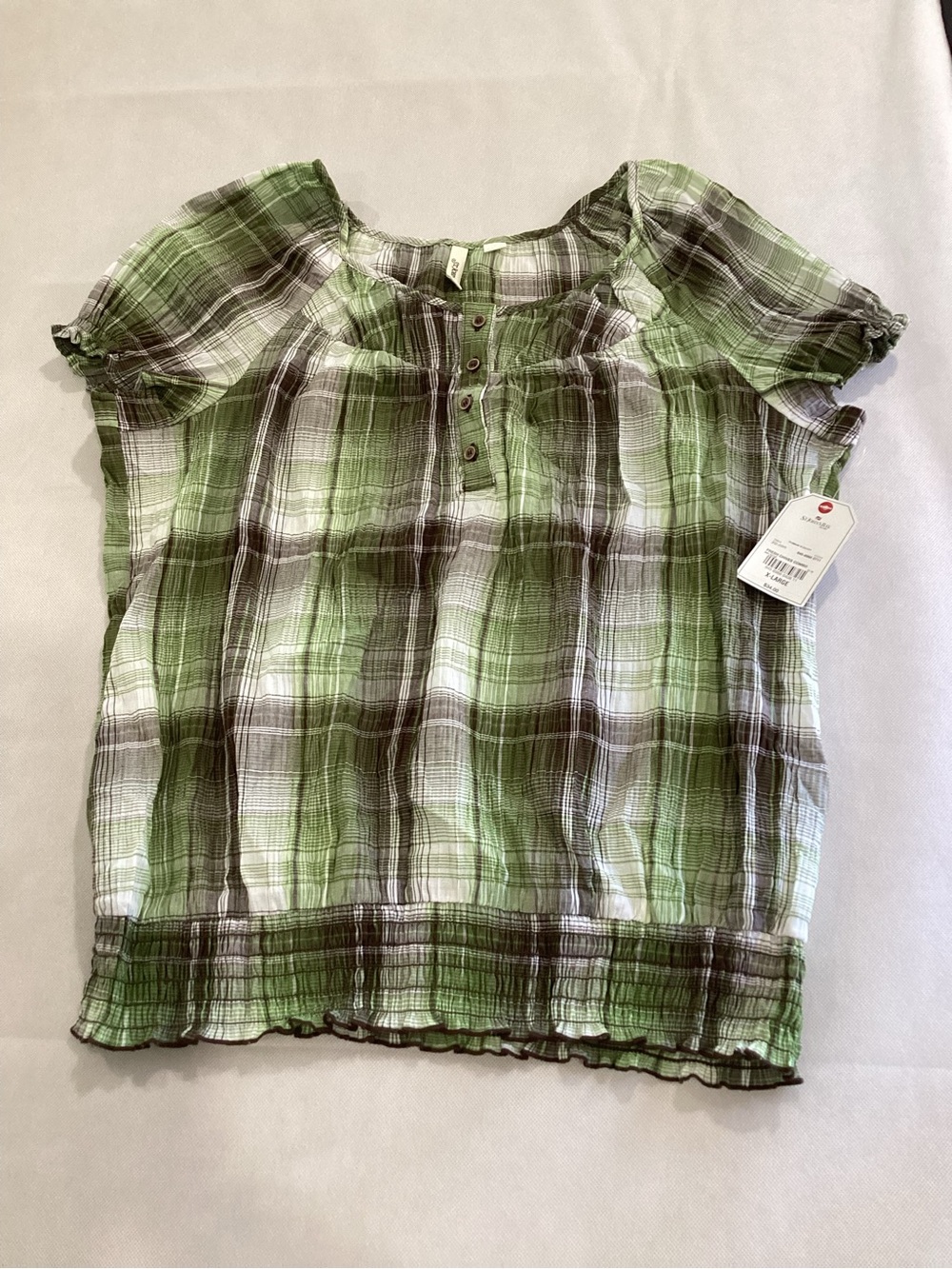 St. John's Bay Green and White Plaid Short Sleeve Peasant Top size XL 9/20